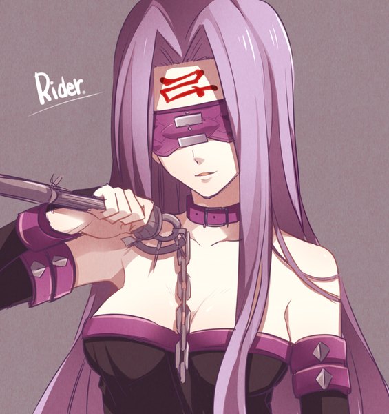 Anime picture 1200x1275 with fate (series) fate/stay night type-moon rider sakura yuki (clochette) single long hair tall image simple background bare shoulders purple hair character names facial mark purple background covering eye (eyes) girl weapon chain collar