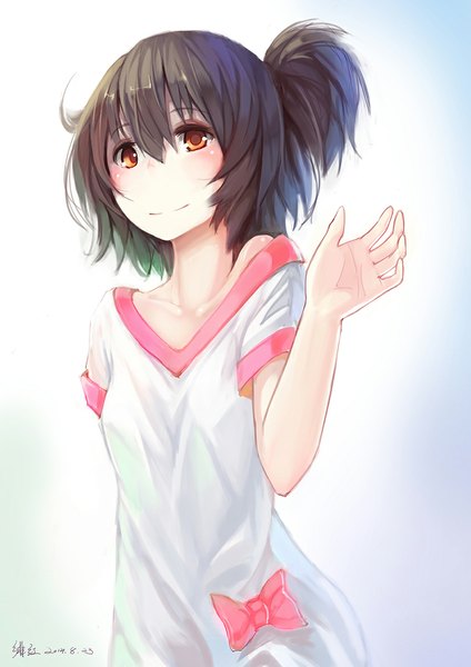 Anime picture 827x1169 with original feihong single tall image blush short hair black hair red eyes looking away light smile girl bow t-shirt