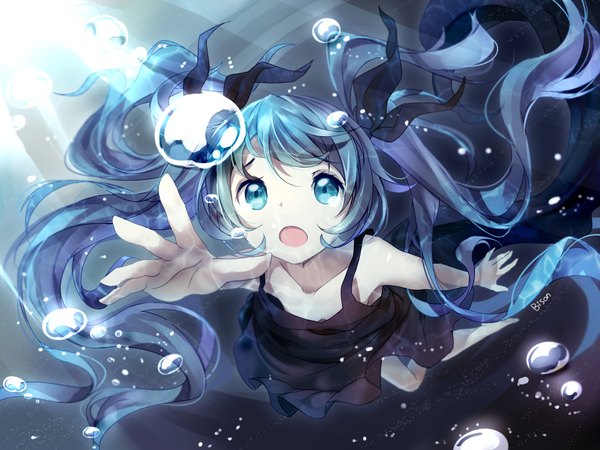 Anime picture 1920x1440 with vocaloid shinkai shoujo (vocaloid) hatsune miku bison cangshu single highres open mouth blue eyes twintails blue hair very long hair underwater girl dress bow hair bow sundress bubble (bubbles)