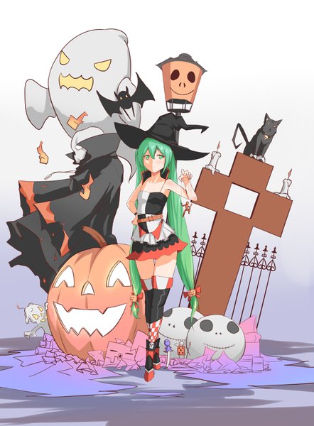Anime picture 2155x2922 with vocaloid hatsune miku zhayin-san single tall image looking at viewer fringe highres standing twintails green eyes full body very long hair green hair zettai ryouiki gradient background thigh gap low twintails halloween ghost