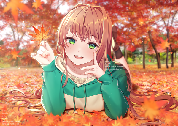 Anime picture 4093x2894 with doki doki literature club monika (doki doki literature club) mi tarou0412 single long hair looking at viewer fringe highres open mouth hair between eyes brown hair holding green eyes absurdres outdoors lying :d fingernails on stomach autumn