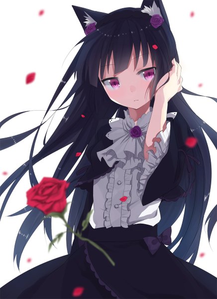 Anime-Bild 900x1237 mit ore no imouto ga konna ni kawaii wake ga nai gokou ruri kurasawa moko single long hair tall image blush fringe black hair white background purple eyes animal ears looking away wind cat ears girl flower (flowers) petals frills rose (roses)