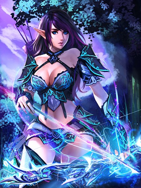 Anime picture 800x1067 with original chaosringen single long hair tall image blue eyes bare shoulders looking away cleavage purple hair pointy ears realistic elf lightning girl weapon plant (plants) tree (trees) armor bow (weapon)