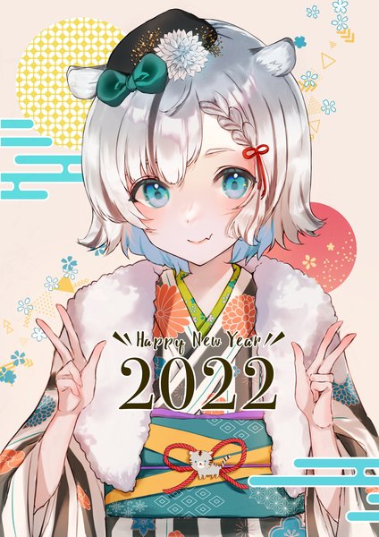 Anime picture 2480x3508 with original nagi (pickles pipipi) single tall image looking at viewer highres short hair blue eyes smile animal ears silver hair upper body traditional clothes japanese clothes fang (fangs) victory new year happy new year 2022 egasumi