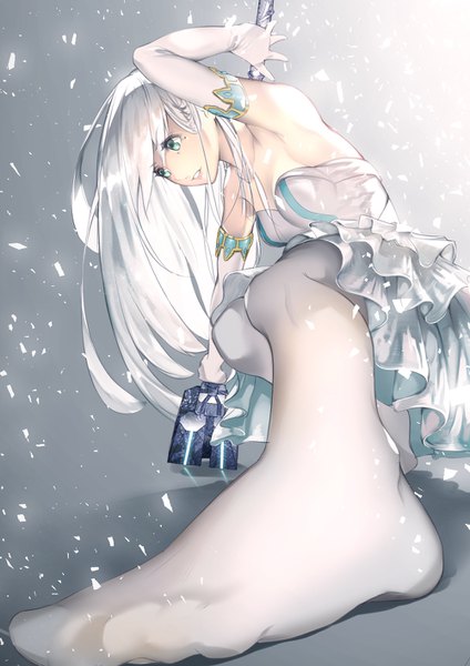 Anime picture 1000x1414 with original smile (qd4nsvik) single long hair tall image bare shoulders green eyes bent knee (knees) white hair parted lips grey background mole arms up leaning mole under eye outstretched arm looking down pov feet foreshortening girl