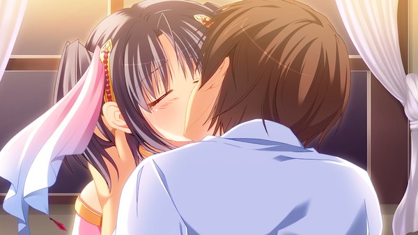 Anime picture 1024x576 with fortuna rhapsody short hair black hair brown hair wide image game cg eyes closed kiss girl boy