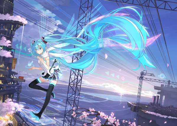 Anime picture 1680x1194 with vocaloid hatsune miku beek (artist) single looking at viewer twintails sky cloud (clouds) very long hair aqua eyes aqua hair girl thighhighs skirt hair ornament black thighhighs miniskirt petals wings