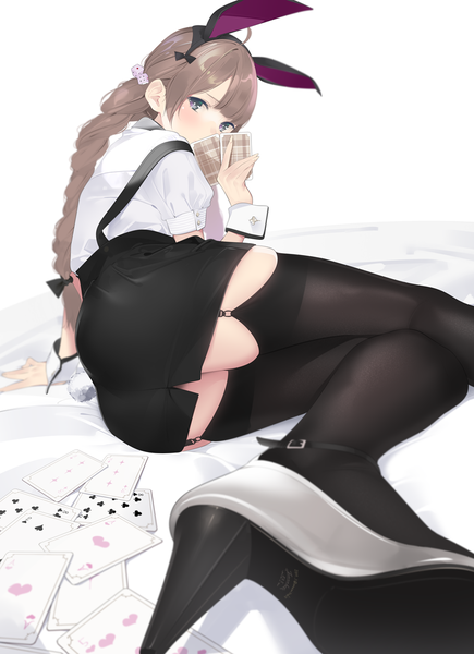 Anime picture 799x1100 with original ama mitsuki single long hair tall image looking at viewer blush fringe blue eyes light erotic brown hair holding animal ears bent knee (knees) tail braid (braids) animal tail looking back arm support high heels