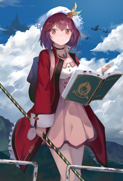 Anime picture 3000x4400 with atelier (series) atelier sophie gust (company) sophie neuenmuller .l.l single tall image looking at viewer blush fringe highres short hair brown hair standing holding brown eyes pink hair sky cloud (clouds) outdoors