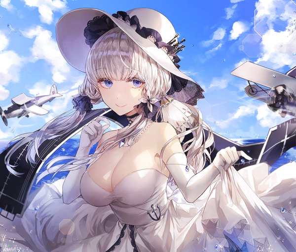 Anime picture 1000x851 with azur lane illustrious (azur lane) kim eb single long hair looking at viewer fringe breasts light erotic smile large breasts purple eyes sky cleavage silver hair cloud (clouds) blunt bangs wind mole mole under eye