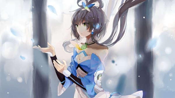 Anime picture 1422x800 with vocaloid vocaloid china luo tianyi yoisy single long hair blush black hair wide image bare shoulders girl hair ornament petals