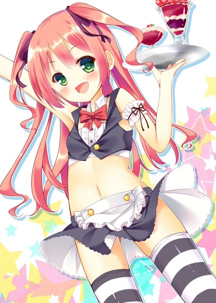 Anime picture 888x1242 with original bekotarou single long hair tall image looking at viewer blush open mouth green eyes pink hair midriff girl thighhighs skirt navel ribbon (ribbons) hair ribbon food sweets striped thighhighs