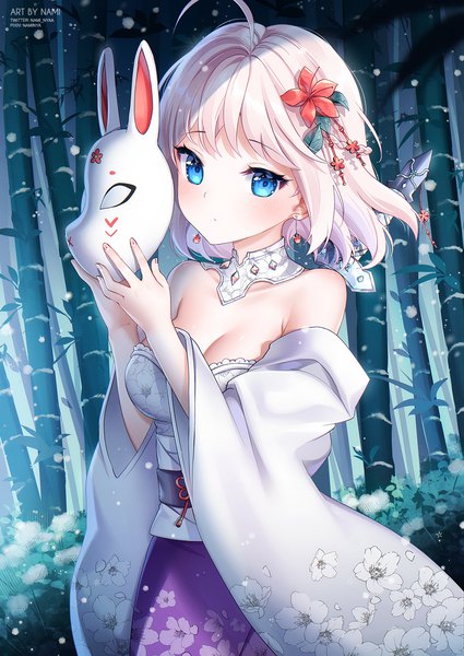 Anime picture 1000x1413 with original nami (nyaa) single tall image looking at viewer blush fringe short hair breasts blue eyes standing holding signed cleavage ahoge outdoors white hair nail polish traditional clothes japanese clothes