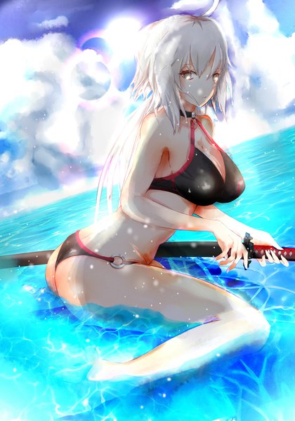 Anime-Bild 1400x2000 mit fate (series) fate/grand order jeanne d'arc (fate) (all) jeanne d'arc alter (fate) jeanne d'arc alter (swimsuit berserker) (fate) kokuyo maple single long hair tall image looking at viewer fringe breasts light erotic hair between eyes large breasts sitting bare shoulders holding yellow eyes payot