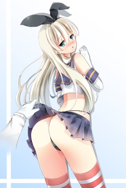 Anime picture 941x1401 with kantai collection shimakaze destroyer navy (navy.blue) single long hair tall image blush open mouth light erotic blonde hair bare shoulders green eyes ass pleated skirt from behind bare belly pantyshot tears skirt lift girl