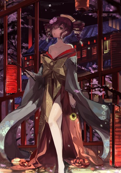 Anime picture 1548x2214 with utau yoshiwara lament (song) kasane teto saberiii single tall image looking at viewer blush short hair open mouth light erotic brown hair bare shoulders brown eyes traditional clothes japanese clothes barefoot hair flower off shoulder night