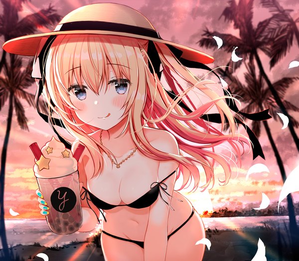 Anime picture 1000x872 with original yadapot single long hair looking at viewer blush fringe breasts blue eyes light erotic blonde hair hair between eyes outdoors nail polish leaning two side up leaning forward beach evening sunset