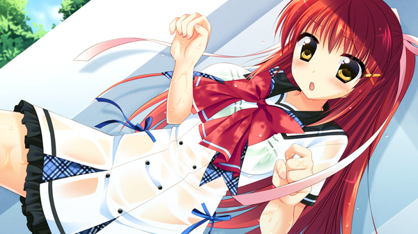 Anime picture 1280x720 with natsu koi high pressure nanase hikari ayamisiro single long hair looking at viewer blush breasts open mouth light erotic wide image large breasts brown eyes game cg sky cloud (clouds) red hair wet wet clothes girl