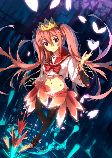 Anime picture 2893x4092 with original baisi shaonian single long hair tall image looking at viewer highres light erotic red eyes twintails pink hair very long hair girl thighhighs uniform underwear panties black thighhighs school uniform petals
