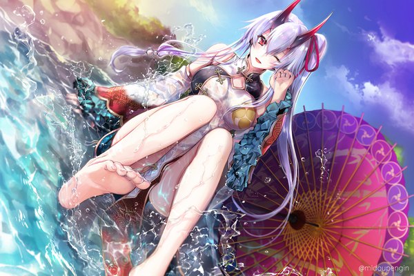 Anime picture 1761x1174 with fate (series) fate/grand order tomoe gozen (fate) mintes single long hair looking at viewer blush fringe highres breasts open mouth light erotic hair between eyes large breasts sitting bare shoulders signed payot sky