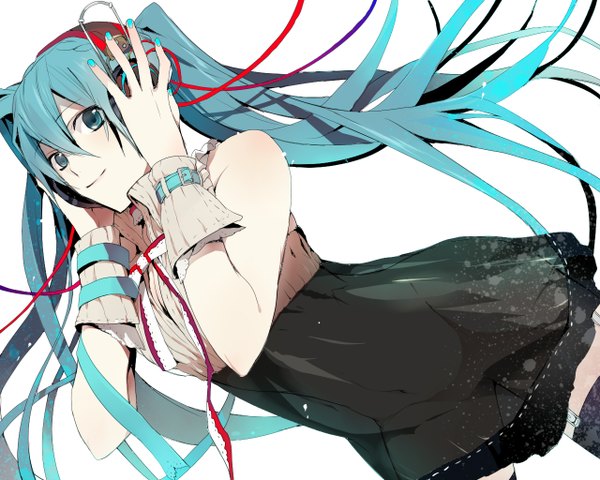 Anime picture 1280x1024 with vocaloid hatsune miku tyuraba single simple background white background twintails bare shoulders very long hair aqua eyes light smile aqua hair girl dress detached sleeves headphones