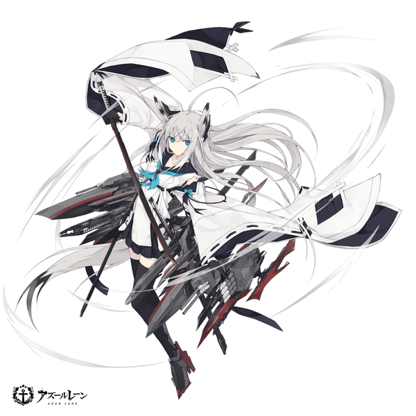 Anime picture 1400x1400 with azur lane kawakaze (azur lane) nagishiro mito single long hair looking at viewer fringe blue eyes hair between eyes holding animal ears full body ahoge tail animal tail pleated skirt grey hair wide sleeves official art high heels