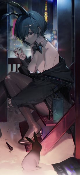 Anime picture 1878x4096 with original chyan single tall image fringe highres short hair breasts light erotic large breasts sitting bare shoulders animal ears blue hair long sleeves nail polish profile hair over one eye night tattoo