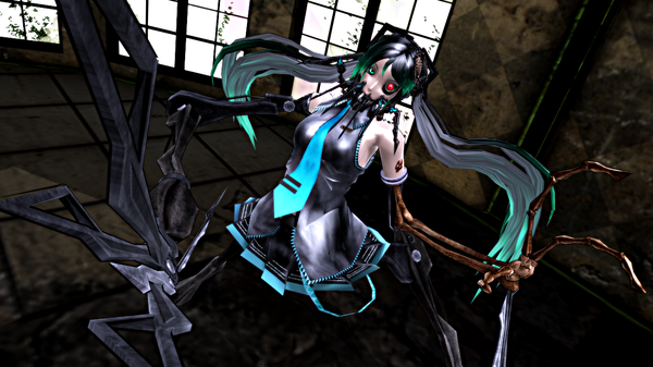 Anime picture 1280x720 with vocaloid bacterial contamination (vocaloid) deino red eyes wide image twintails multicolored hair heterochromia mechanical parts girl skirt necktie window robot