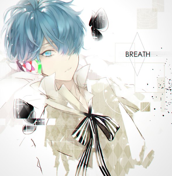 Anime picture 784x800 with original zxs1103 single tall image looking at viewer fringe short hair blue eyes blue hair upper body hair over one eye inscription boy shirt white shirt insect butterfly