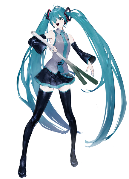 Anime picture 2326x3231 with vocaloid hatsune miku ozyako single tall image fringe highres open mouth simple background standing white background twintails looking away full body very long hair :d pleated skirt aqua eyes hair over one eye aqua hair