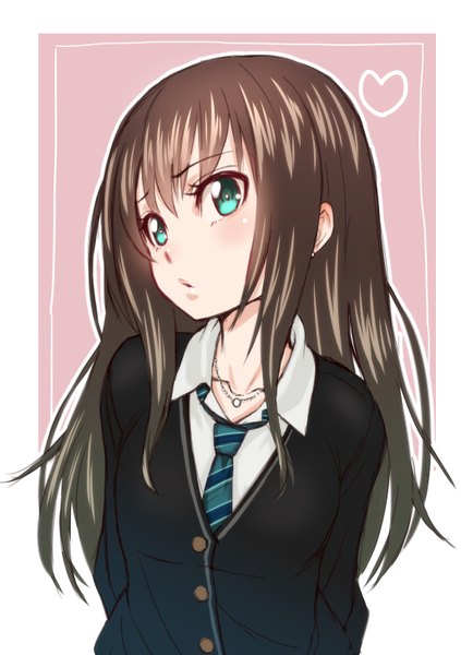 Anime picture 1027x1455 with idolmaster idolmaster cinderella girls shibuya rin jiang single long hair tall image fringe simple background hair between eyes brown hair standing green eyes payot looking away upper body long sleeves parted lips head tilt lips