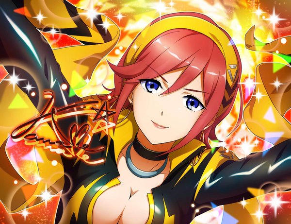Anime picture 2048x1576 with macross macross delta kaname buccaneer tagme (artist) single looking at viewer fringe highres short hair open mouth blue eyes light erotic smile hair between eyes payot upper body red hair dutch angle character names shiny clothes