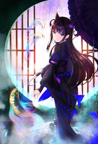 Anime picture 1500x2194 with fate (series) fate/grand order murasaki shikibu (fate) smile2007h single long hair tall image looking at viewer blush fringe smile brown hair standing purple eyes holding looking back blurry wide sleeves hair bun (hair buns) puffy sleeves