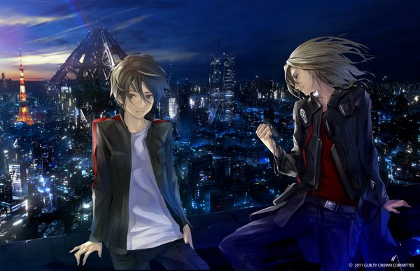 Anime picture 1280x826 with guilty crown production i.g ouma shu tsutsugami gai redjuice short hair brown hair purple eyes night official art multiple boys city cityscape city lights boy jacket belt building (buildings)
