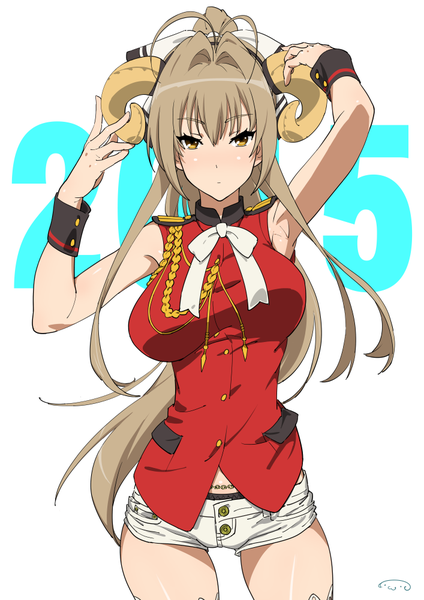 Anime picture 707x1000 with amagi brilliant park kyoto animation sento isuzu suna (artist) single long hair tall image looking at viewer breasts light erotic brown hair large breasts brown eyes ponytail horn (horns) girl shorts short shorts white shorts