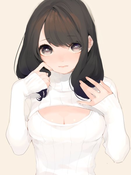Anime picture 960x1280 with original homa single long hair tall image looking at viewer blush fringe simple background brown hair cleavage grey eyes embarrassed girl sweater turtleneck open-chest turtleneck
