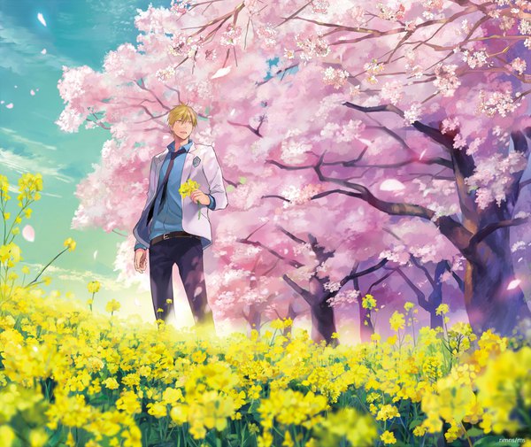 Anime picture 1000x842 with kuroko no basket production i.g kise ryouta megane hoata single fringe short hair blonde hair standing holding yellow eyes sky outdoors wind cherry blossoms boy uniform flower (flowers) plant (plants) school uniform