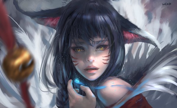 Anime picture 1600x977 with league of legends ahri (league of legends) wlop single long hair looking at viewer black hair wide image signed animal ears yellow eyes lips blurry fox ears facial mark fox girl whisker markings girl bell jingle bell