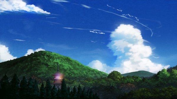Anime picture 1920x1080 with original niko p highres wide image sky cloud (clouds) sunlight lens flare mountain no people scenic summer plant (plants) tree (trees) building (buildings)