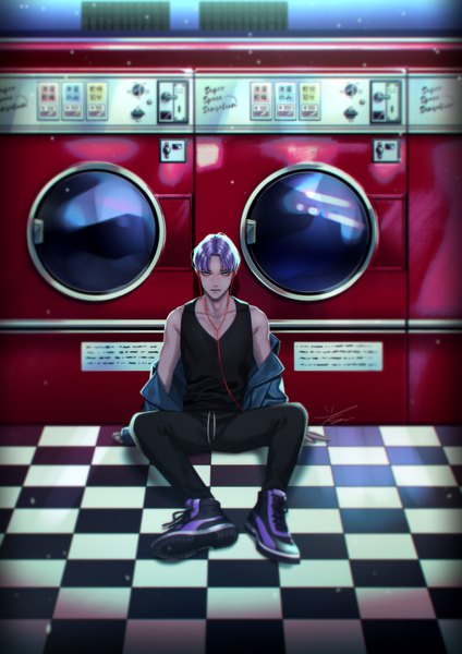 Anime picture 617x873 with original kurayoshi samu (sum) single tall image looking at viewer short hair blue eyes sitting bare shoulders signed silver hair full body bent knee (knees) indoors off shoulder arm support checkered floor floor boy shoes