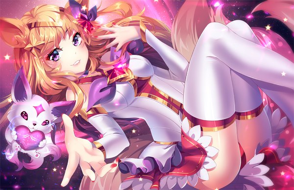 Anime picture 1200x776 with league of legends ahri (league of legends) star guardian ahri squchan single long hair looking at viewer blush light erotic blonde hair smile purple eyes bare shoulders animal ears bent knee (knees) tail nail polish parted lips animal tail fox ears