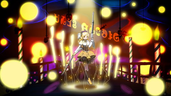 Anime picture 1920x1080 with mahou shoujo madoka magica shaft (studio) tomoe mami drawfag single highres blonde hair wide image yellow eyes drill hair girl dress weapon hat candle (candles) rifle