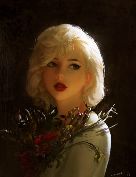 Anime picture 1178x1528 with original wang chen single tall image fringe short hair simple background blonde hair holding green eyes signed looking away parted lips lips realistic lipstick dated portrait dark background red lipstick