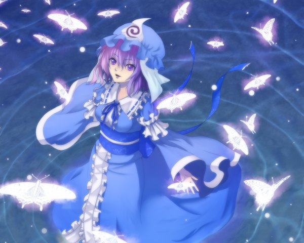 Anime picture 1280x1024 with touhou saigyouji yuyuko single short hair purple eyes pink hair girl dress insect butterfly bonnet