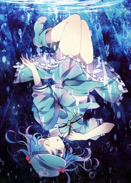 Anime picture 2381x3326 with touhou kawashiro nitori domotolain single tall image looking at viewer highres short hair open mouth blue eyes twintails blue hair bent knee (knees) one eye closed bare belly short twintails underwater upside down girl skirt