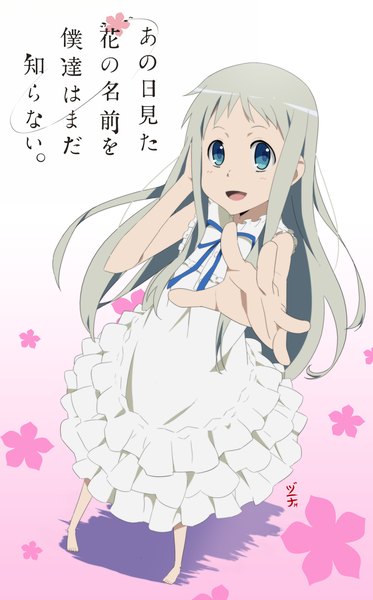 Anime picture 900x1446 with ano hi mita hana no namae wo bokutachi wa mada shiranai a-1 pictures honma meiko dannex009 single long hair tall image looking at viewer open mouth blue eyes smile from above grey hair inscription shadow outstretched arm hieroglyph girl dress bow