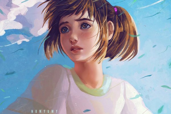 Anime picture 900x600 with spirited away studio ghibli ogino chihiro numyumy single fringe short hair brown hair brown eyes signed payot looking away sky cloud (clouds) ponytail parted lips wind watermark girl leaf (leaves)