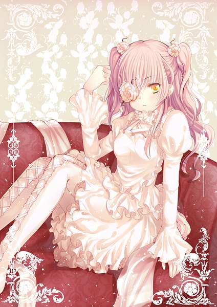 Anime picture 800x1132 with rozen maiden kirakishou philomelalilium single long hair tall image looking at viewer yellow eyes pink hair flower over eye girl dress flower (flowers) frills thigh boots couch