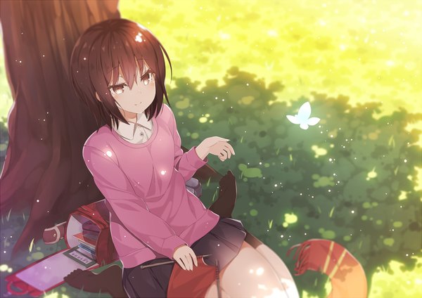 Anime picture 1062x751 with boku dake ga inai machi a-1 pictures hinazuki kayo hatsuki kaname single fringe short hair black hair brown eyes girl skirt plant (plants) tree (trees) socks scarf insect black socks butterfly