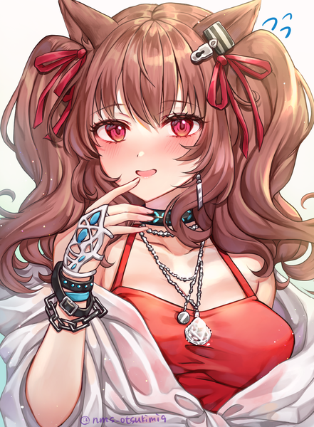 Anime picture 1250x1700 with arknights angelina (arknights) angelina (summer flowers) (arknights) tamaso single long hair tall image looking at viewer blush fringe breasts open mouth simple background red eyes brown hair large breasts white background twintails bare shoulders signed